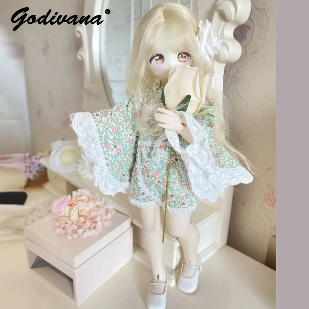 Sweet Japanese Style BJD Doll Clothes Floral Short Kimono with Lace Edge Flower Hair Ornament Handmade Cute Outfit for 1/4 BJD