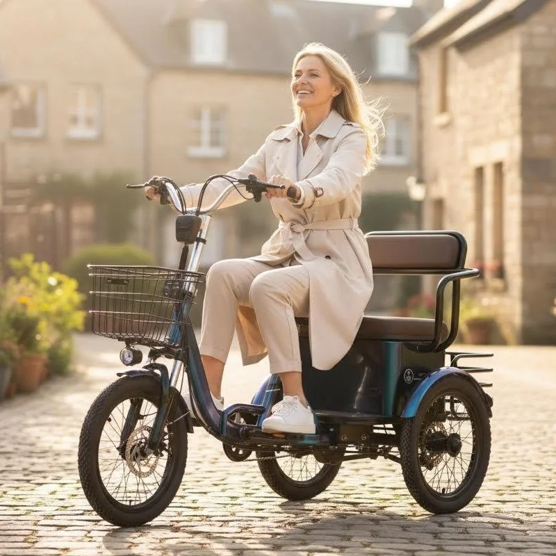 3-Rad-Elektrofahrrad 2-Sitzer für Erwachsene 650W Eltern-Kind-Elektrodreirad mit Rücksitz, faltbares Elektrofahrrad für Senioren
