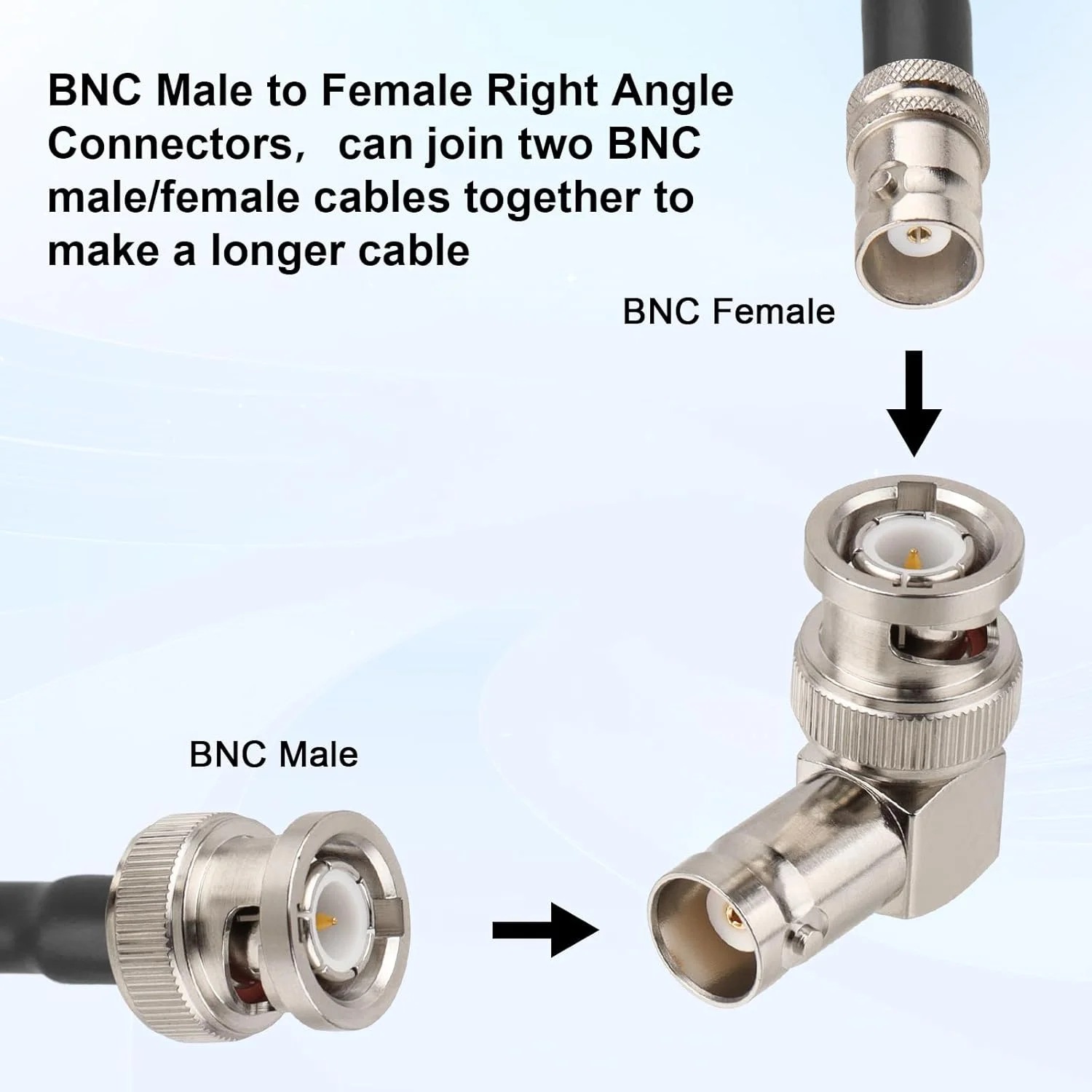 BNC Male to Female Adapter 50 Ohm BNC Right Angle Connector for 3G/6G HD SDI Cable Switcher CCTV Video Transmitter Camera System