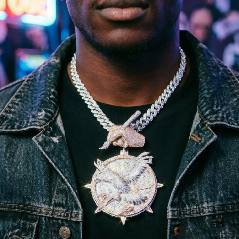 Iced Out Eagle Pendant Hip Hop Necklace Cuban Chain Accessories Bling Rapper Jewelry Fine Party Gifts for Men Girls Boy Friends