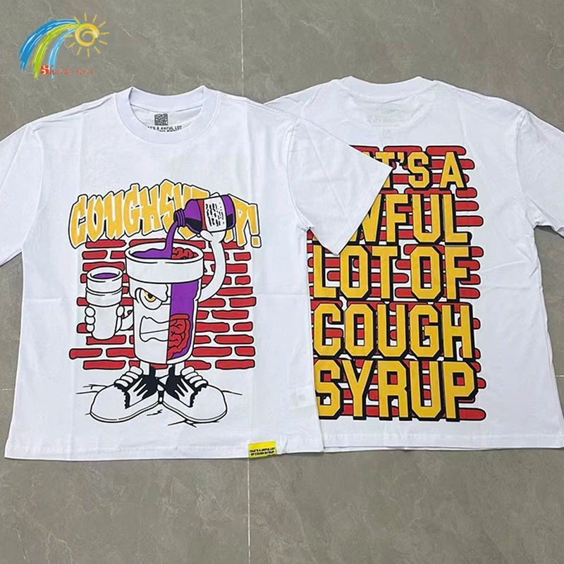 

Cartoon Graphics Print Oversized Cotton T-Shirt Tee Classic Letters Logo THAT'S A AWFUL LOT OF COUGH SYRUP T Shirt With Tags