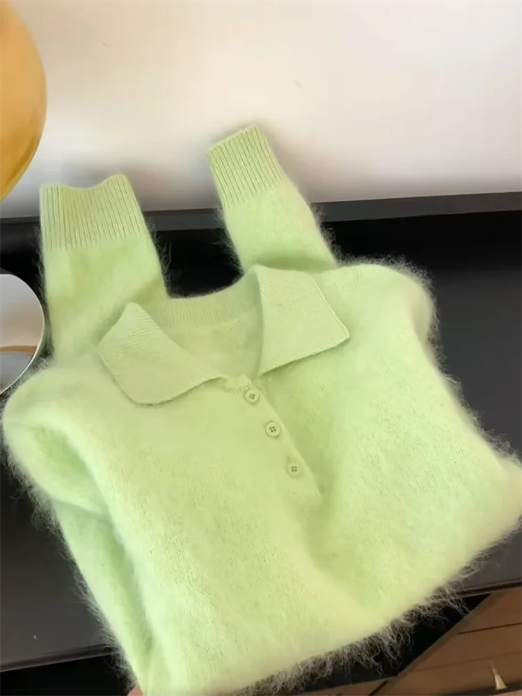 

Dopamine Green Knitted Neck Sweater Women's Autumn Winter New Lazy Style White Enhancing Soft Cozy Self-Preserving Style