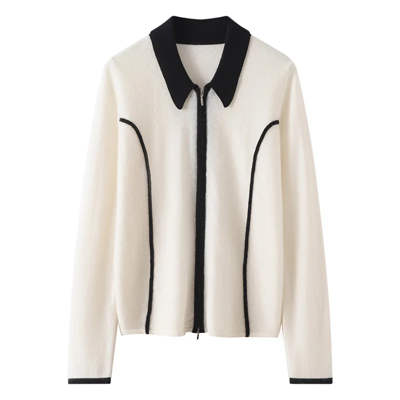 Zipper 2026 autumn and winter new 100% cashmere knitted cardigan women's polo collar sweater loose color block jacket