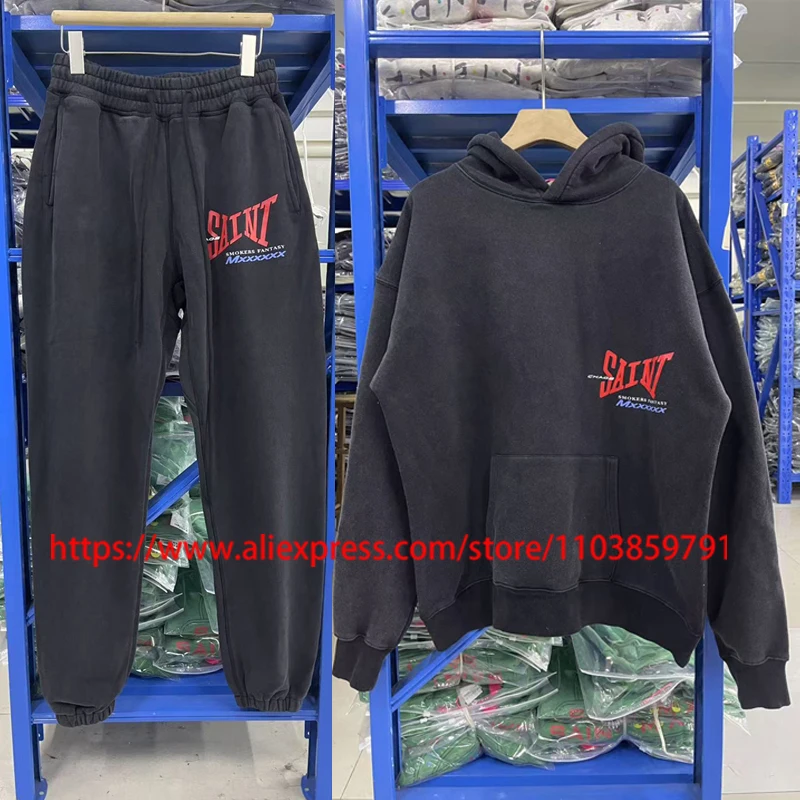 

Уличная одежда, брендовые повседневные брюки Saint, модные потертые черные свободные спортивные штаны с буквенным принтом и логотипом в стиле ретро