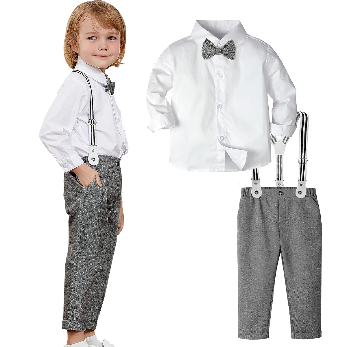 Toddler Boys Suits Suspenders Gentleman Formal Dress Ring Bearer Outfit Pants Set 12 Months To 6 Years White and Gray Wedding