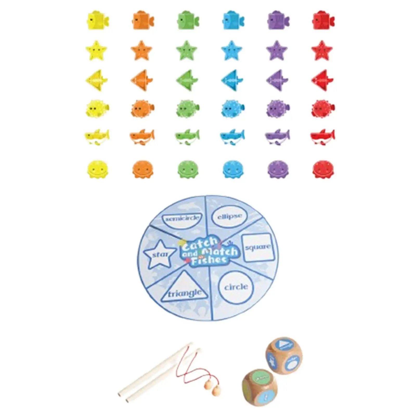 Catch and Match Fishes Toys Fine Motor Skill 2Pcs Rods 36Pcs Fishes Dice Sorting Matching for Indoor Home Gifts Child Boys Girls