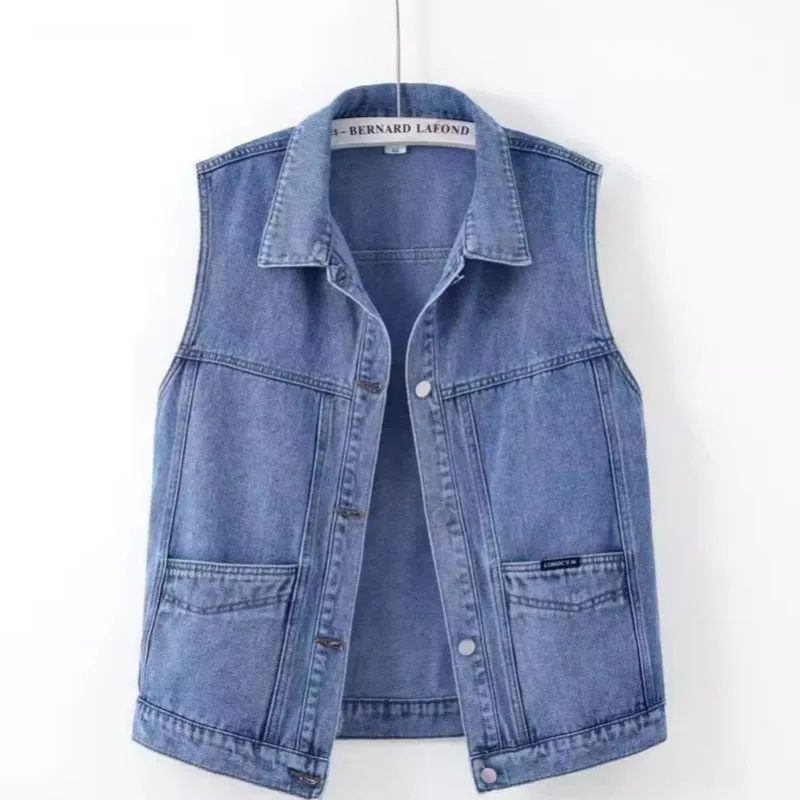 Vintage Casual Denim Vest Spring Autumn Loose Plus Size Cargo Pocket Women's Top