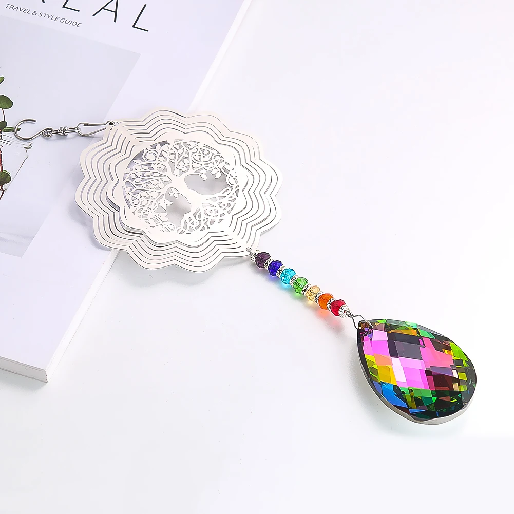 Chakra Crystal Wind Chimes Spinner Sun Catcher Prism Metal Tree of Life Hanging Pendant Light Catching Home Wedding Garden Decor