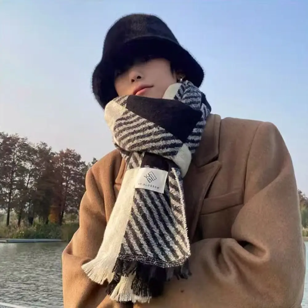 High Quality Korean Striped Plaid Scarf Thicken Long Winter Men's Scarf Warm Casual Checkered Scarf Males