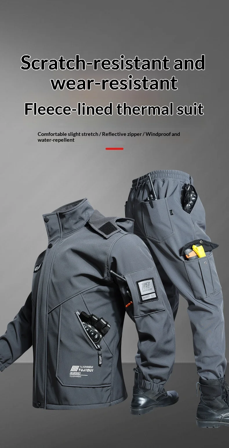 Unisex Fleece-gefütterter Wind- und Wasserdichter Herbst-Winter-Outdoor-Kletteranzug Taktische Arbeitskleidung Zweiteiliges Set für Männer und Frauen – Detail 1