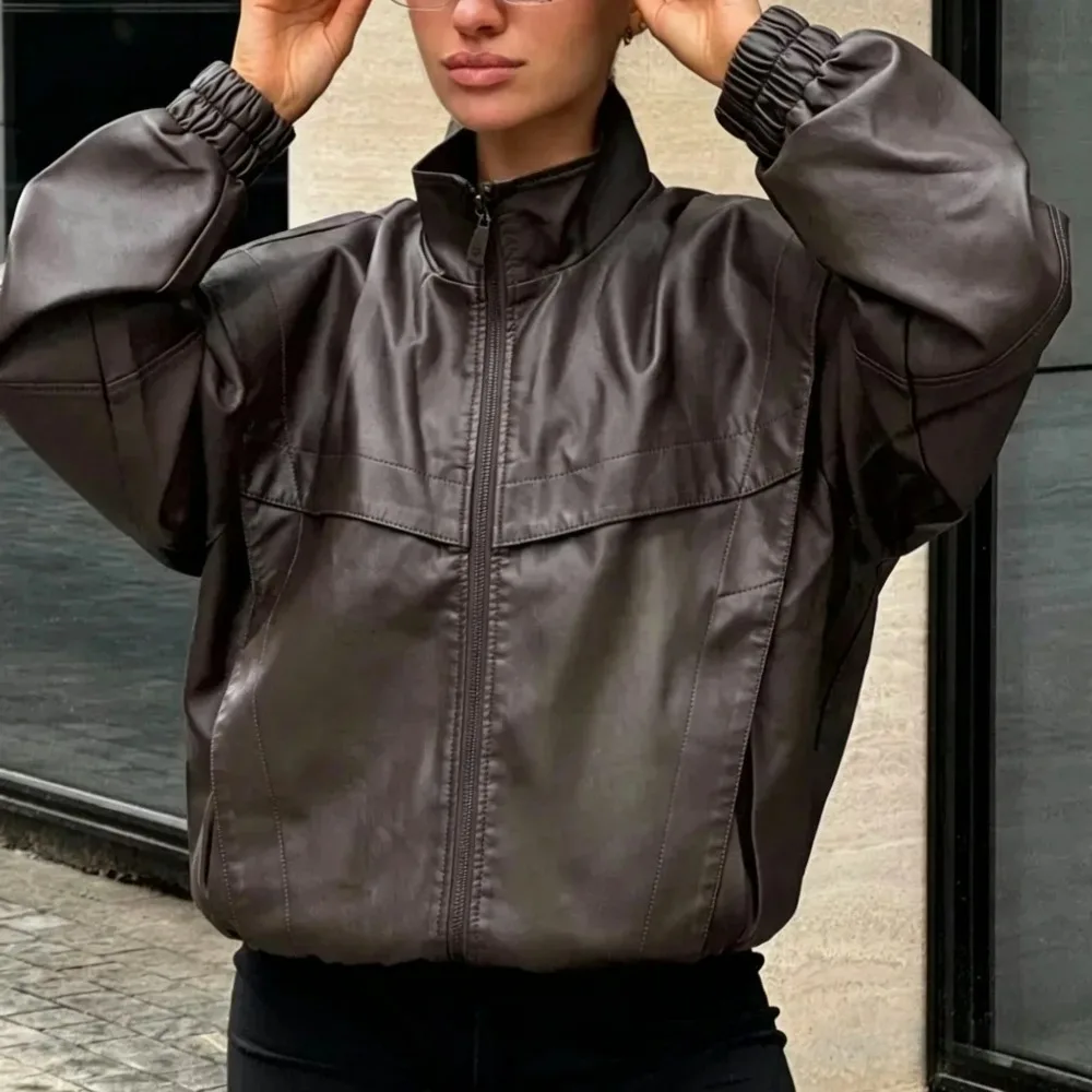 

Women Faux Leather Jacket Fashion PU Jacket Imitation Long Sleeve Street Versatile Elastic Hem Stand Up Collar Lady Autumn New