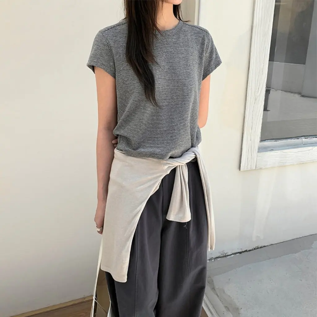 

TG цветная полоска, облегающая женская футболка с короткими рукавами, универсальная линия плеч, пошив, ранняя осень, новый стильный топ