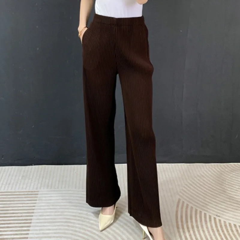 Miyake Pleated Straight-Leg Pants 2026 New Women's Casual Pant Loose High-Waisted Stretch Trousers Commuter Wear Wrinkle-Free