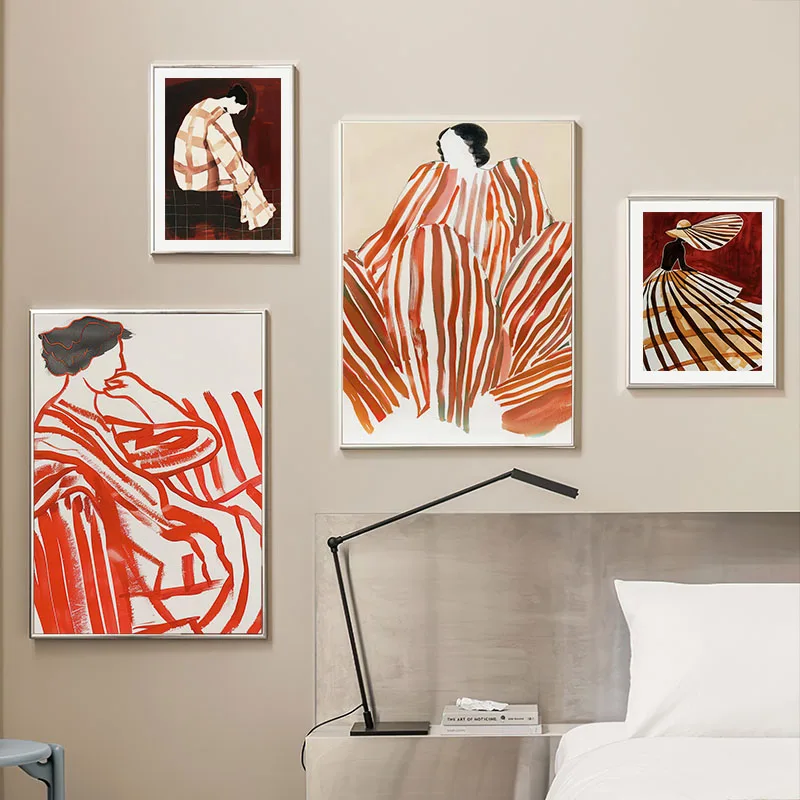 Red Striped Girl Hat Vintage Wall Art Canvas Painting Abstract Posters And Prints Hotel Bar Wall Pictures For Living Room Decor