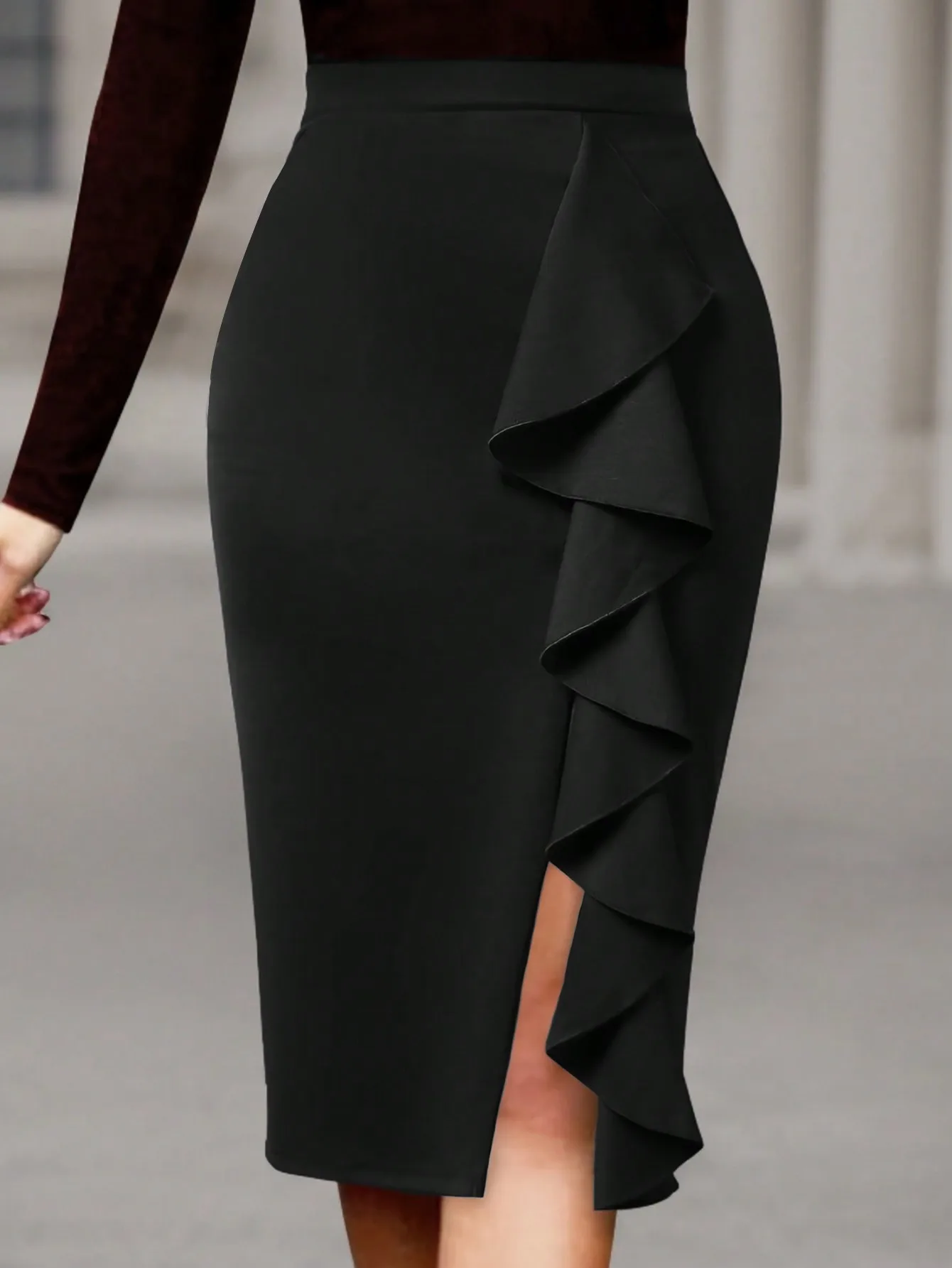 Women's High Waist Pencil Skirt Ruffle Split Midi Bodycon Slim Fit Medium Stretch Knit Elegant Office Party Knee Length Wrap Ski