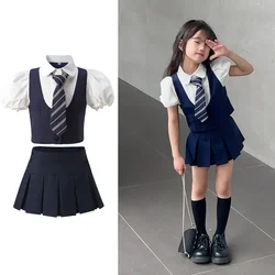 Girls Pleated Skirts Short Summer Versatile Tie Shirt School Uniform Outfits Korean Clothes Kids Teenage Children Set 100-160cm