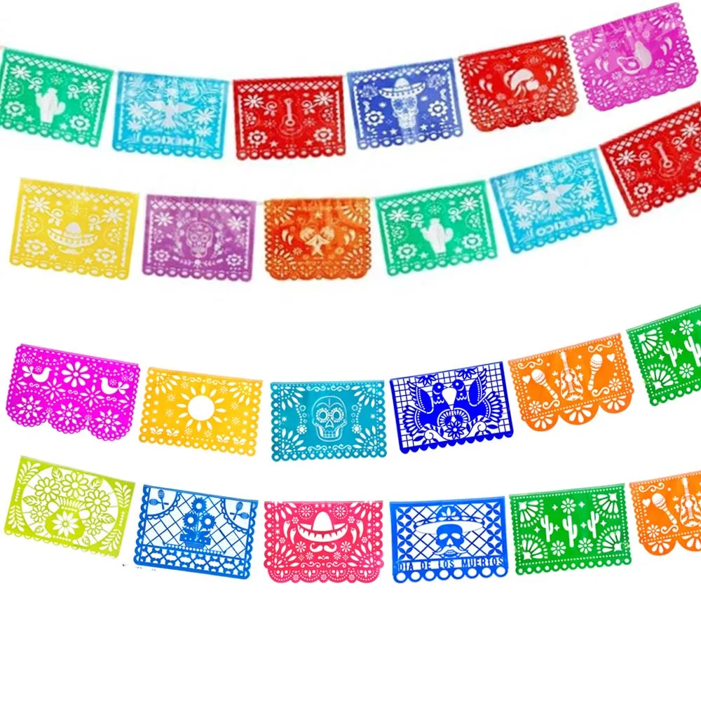 3-teiliges mexikanisches Party-Dekorationsset, leuchtende Papel Picado Girlande aus Kunststoff für Cinco de Mayo, Hochzeit, Geburtstag, Karneval – Detail 7