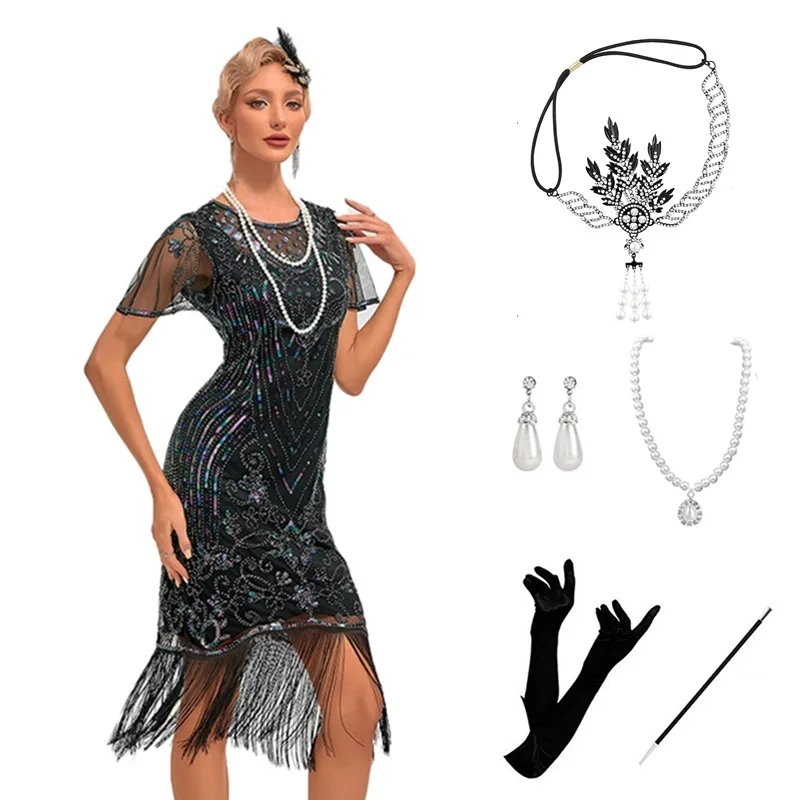 Sexy Sequin Tassel Skirt Set 920s Vintage Par Dr ort Sve Celebration Outfit Glowing Evening Gown for Festive Occas...