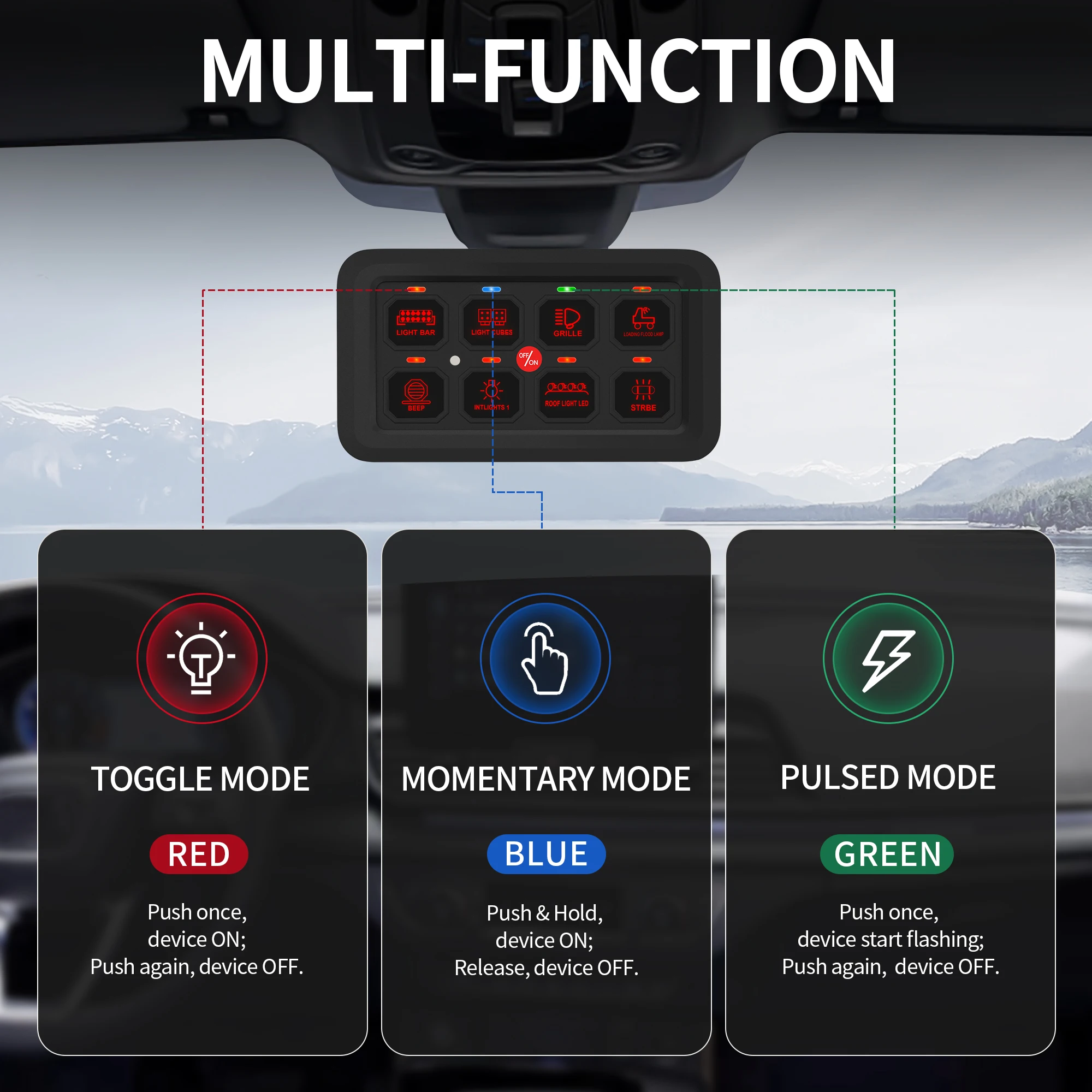 Disponibile Nuovo pannello interruttori a 8 gruppi Interruttore dimmerabile automatico Pannello retroilluminato RGB Relè di controllo circuito universale momentaneo stroboscopico