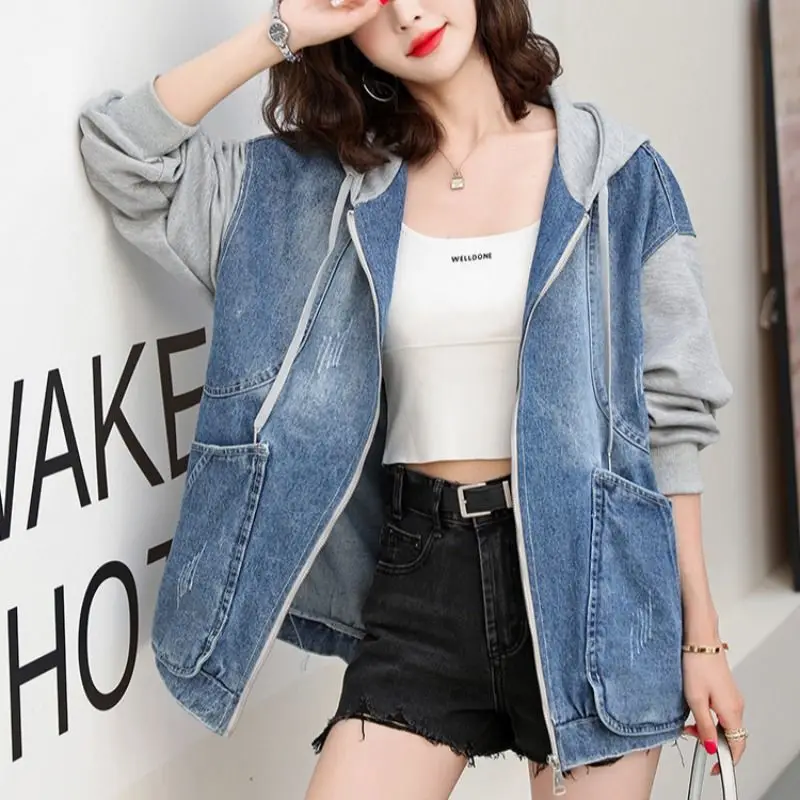 Denim Hooded Jacket Preppy Style Sensibility Casual Niche Cropped Top Trendy Women's Spring Autumn 2025 New Model Cotton Fabric