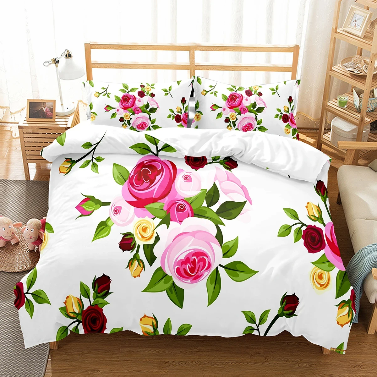 Rose Duvet Cover Romantic Flowers Bedding Set for Girls,Couple Wedding Valentines Day Room Decor Blossom Floral Comforter Cover