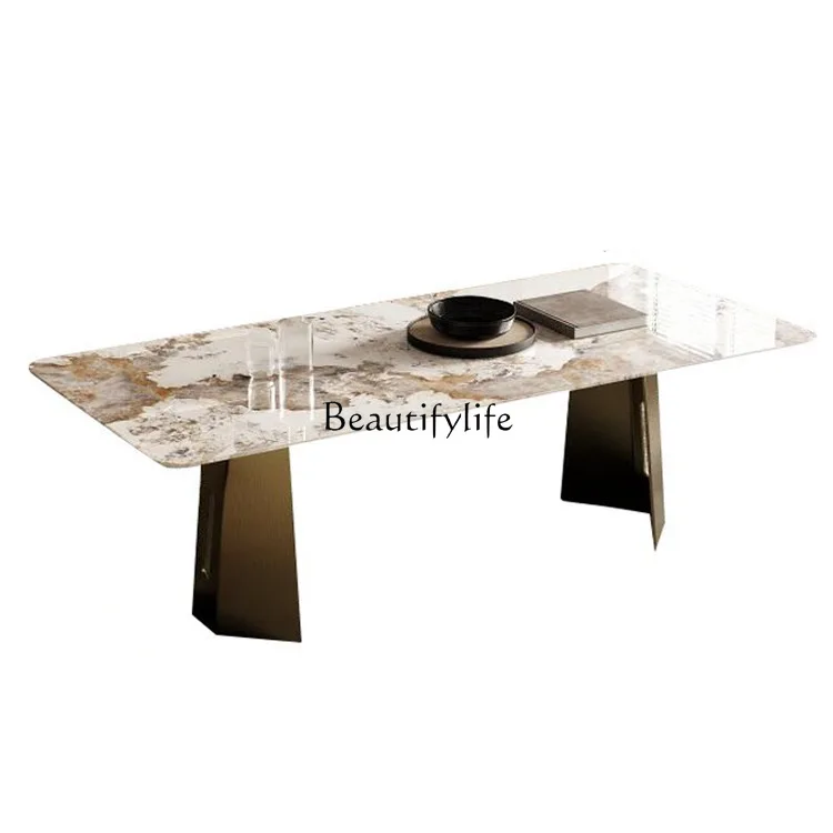 

Italian minimalist stone table legs rectangular bright luxury household metal dining table