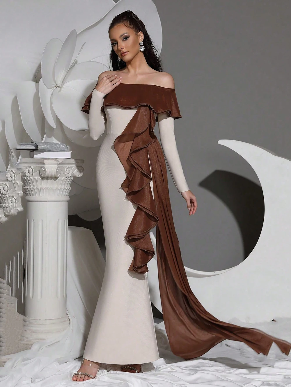Modphy Sexy off shoulder ruffle tight bandage long dress women's Slash collar long sleeved elegant dress wedding dinner Gowns