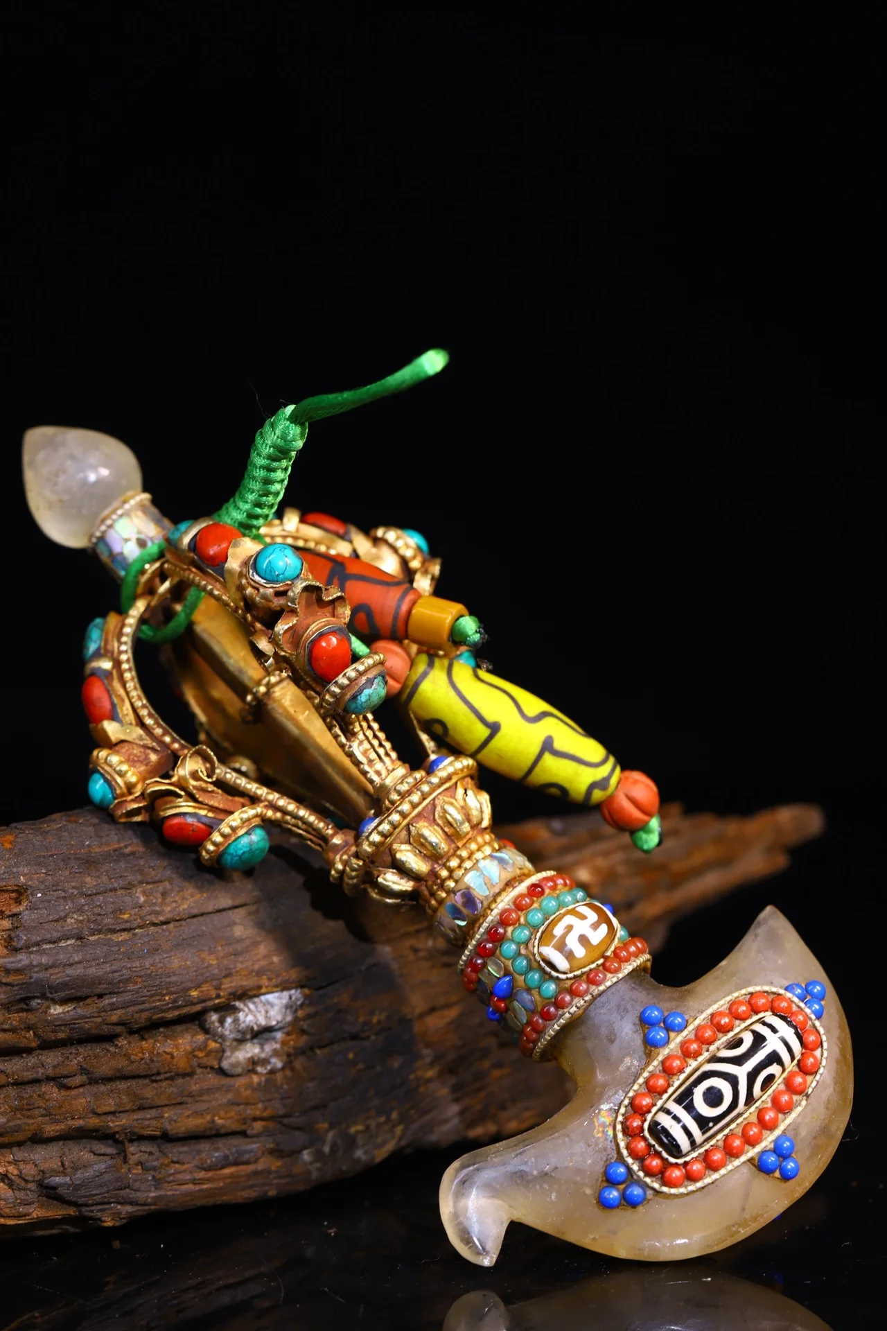 

8"Tibetan Temple Collection Old Natural Crystal Mosaic Gem gZi Beads Five shares Dorje Vajra Phurpa Pendant Amulet Dharma