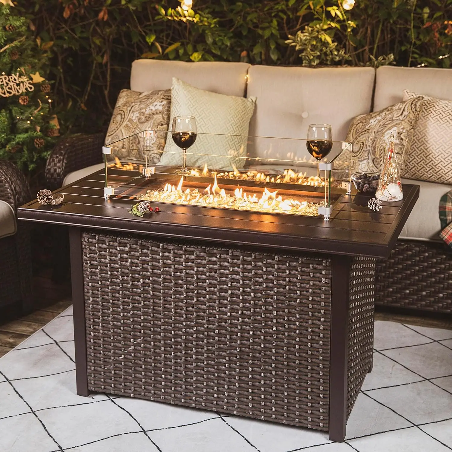 

43 Inch 50,000 BTU Propane Gas Fire Pit Table, Aluminum Tabletop and PE Rattan Weaved Steel Frame,Glass Fire Pit Wind Guard