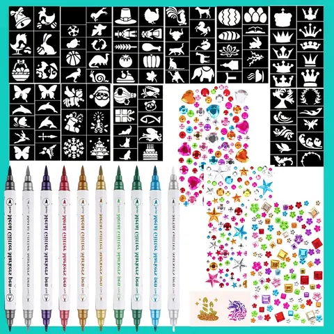 10 marqueurs de peinture corporelle colorés avec 3 autocollants de bijoux et 10 pochoirs de tatouage pour le maquillage de festival, cosplay et Halloween