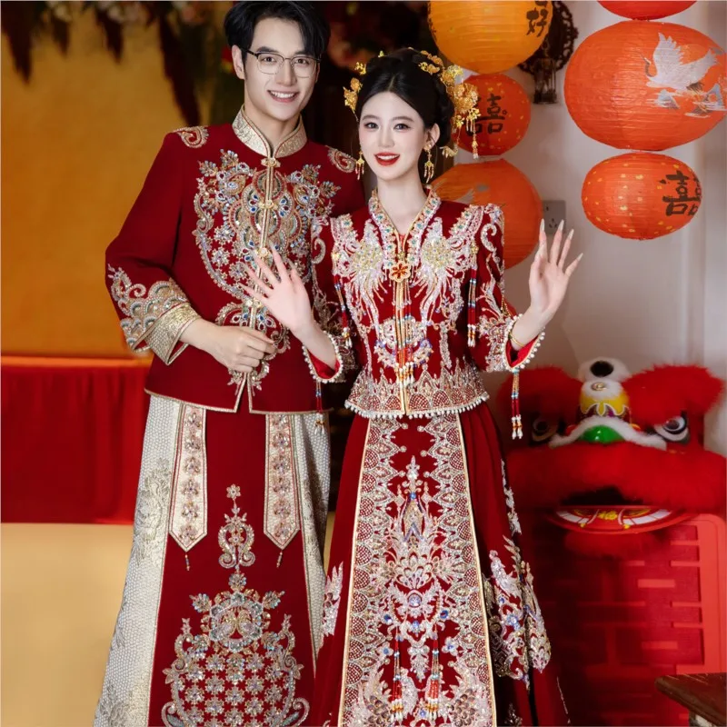 

Свадебное платье невесты в китайском стиле, парный комплект для тостов, высококачественное исполнение.