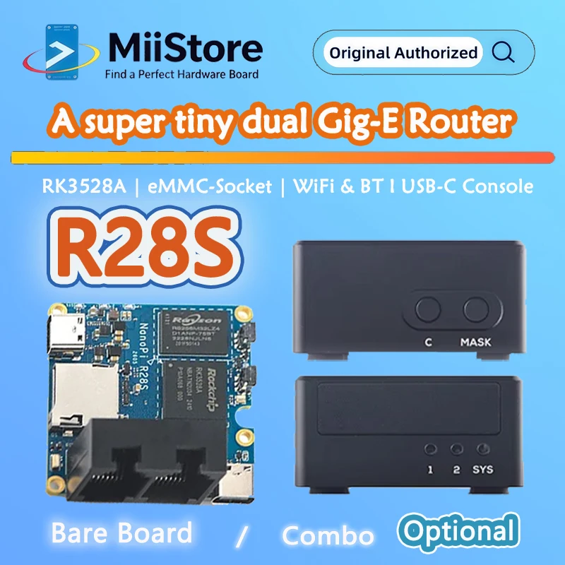 NanoPi R28S Quad-core ARM A53 RK3528A, super tiny dual Gig-E, eMMC-Socket. WiFi&BT, USB-C Console, Supports eMMC Module
