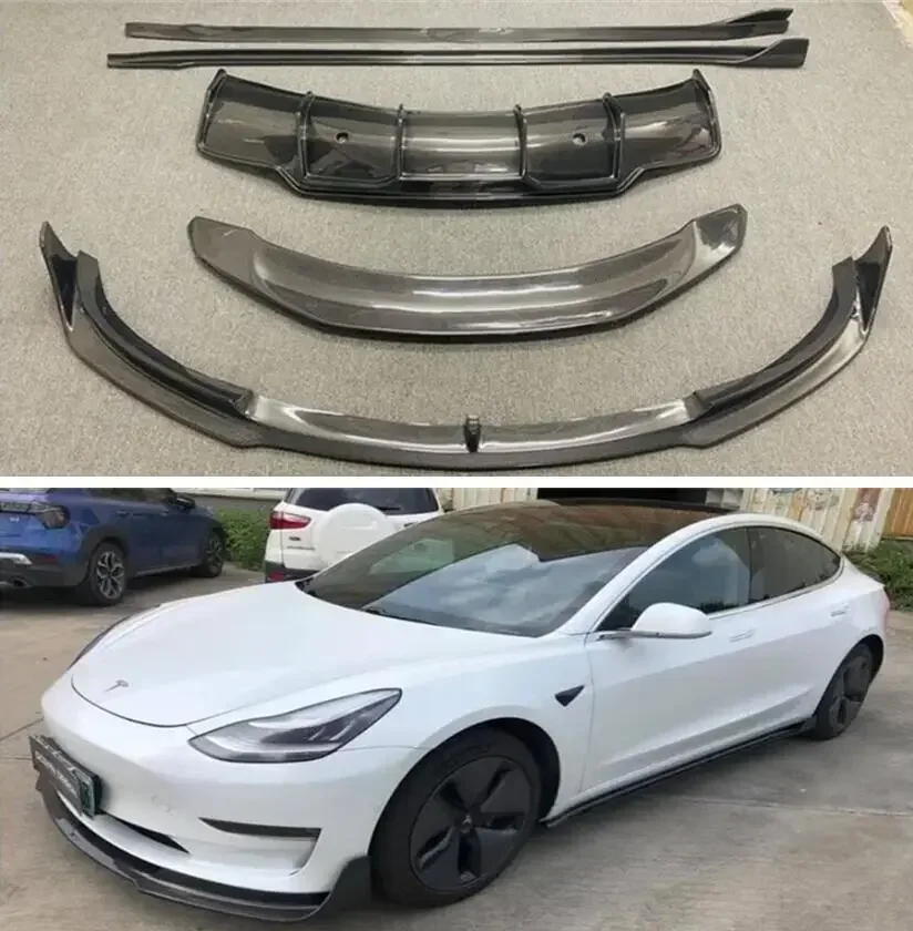 Hot! Front Bumper Lip+Rear Spoiler+Trunk Diffuser+Side Body Skirt For Tesla Model 3 2018 2019 2020 2021 2022 Real Carbon Fiber