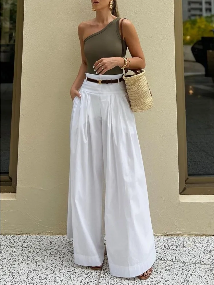 

Freeacy Women's Summer Casual Pants Solid White High Waist Belted Wide Leg Pleated Trousers 2024 Fashion Streetwear Bottoms