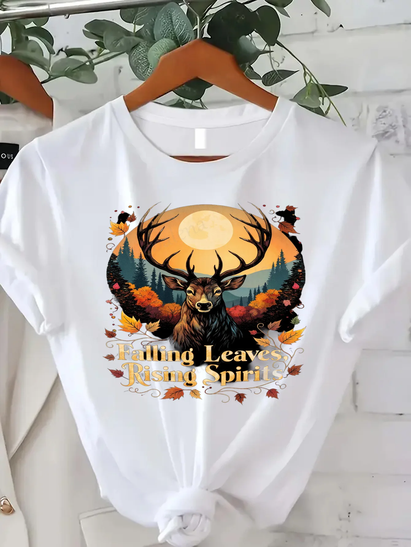 

Comfortable Women's Print T-shirt Autumn Spirit T-Shirt: Deer & Falling Leaves Graphic Tee
