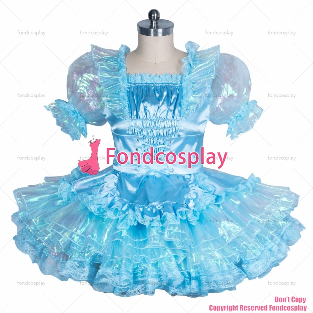 fondcosplay adult sexy cross dressing sissy maid short French lockable blue Satin-glass silk organza dress CD/TV [G3866]