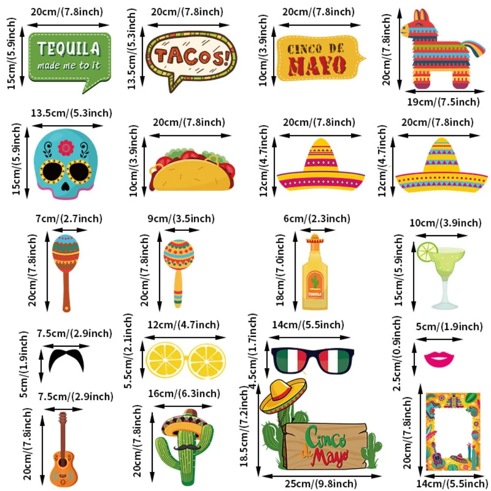 20Pcs Fiesta Mexican Party Cinco De Mayo Photo Booth Props for Mexican Cactus Taco Theme Party Decoration Birthday Party Supply