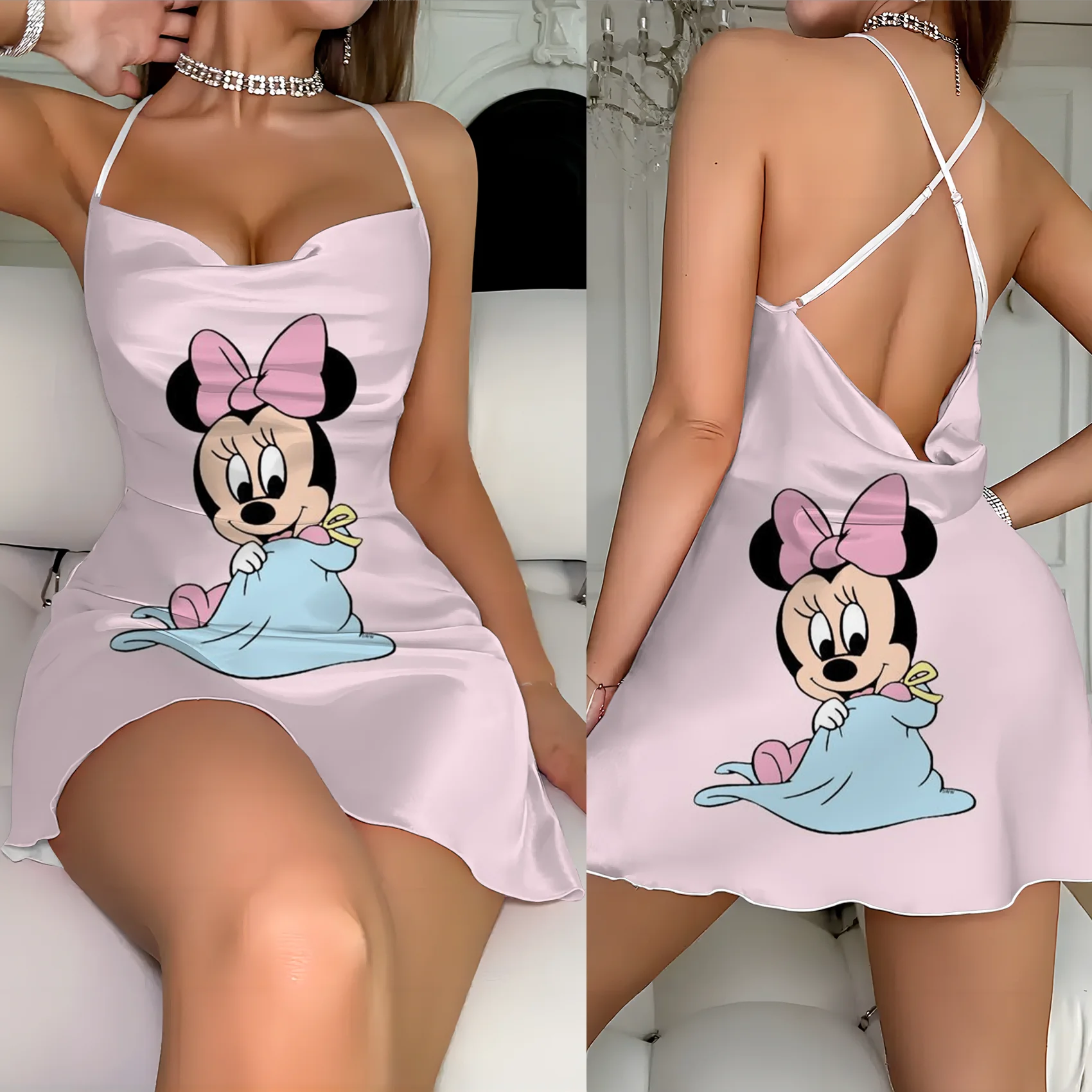 

Minnie Mouse Fashion Summer Dresses 2024 Mickey Lettuce Trim Cross Suspender Dress Crew Neck Disney Elegant Women Backless Neck