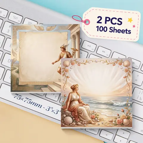 2pcs Greek Goddess Sticky Notes Set, Ocean Seashell Pearl Mythology Self Stick Memo Pads, 100 Sheets Total, Vintage Art Notepads