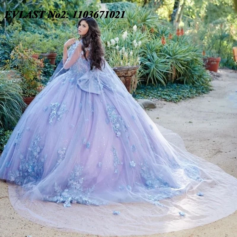 فستان Quinceanera لامع مخصص من EVLAST فستان حفلة لامع مزين بالزهور والخرز كيب سويت 16 فيستدوس دي 15 أنوس E2QA88 #4