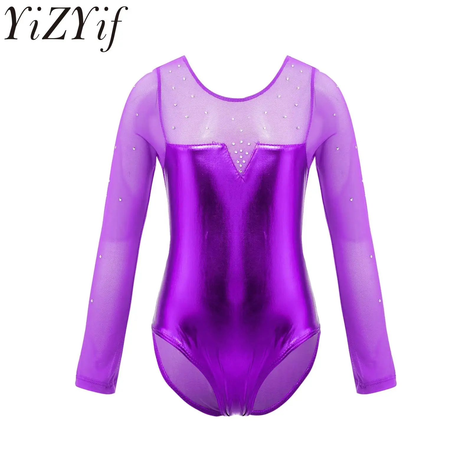 Kids Girls Sparkle Rhinestone Gymnastics Leotards One Piece Long Sleeve Ballet Dance Bodysuit Jumpsuit Athletic Dancewear