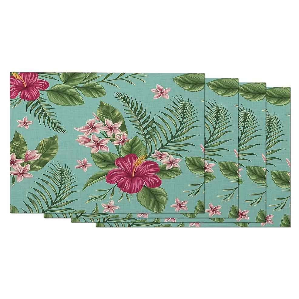 4pcs, Tropical Palm Leaves Table Mats Set of 4 Summer Watercolor Hibiscus Flower Leaf Placement Mats for Dining Table Heat Lin