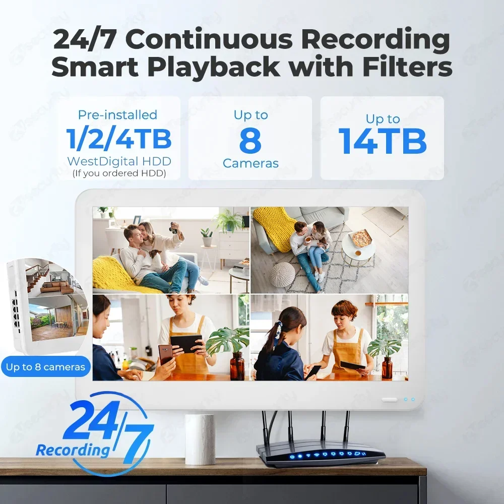 POE NVR com Face Detection Monitor, Network Video Recorder, Home Security CCTV System, ONVIF, 4K, 8MP, 8CH, 12 "Monitor