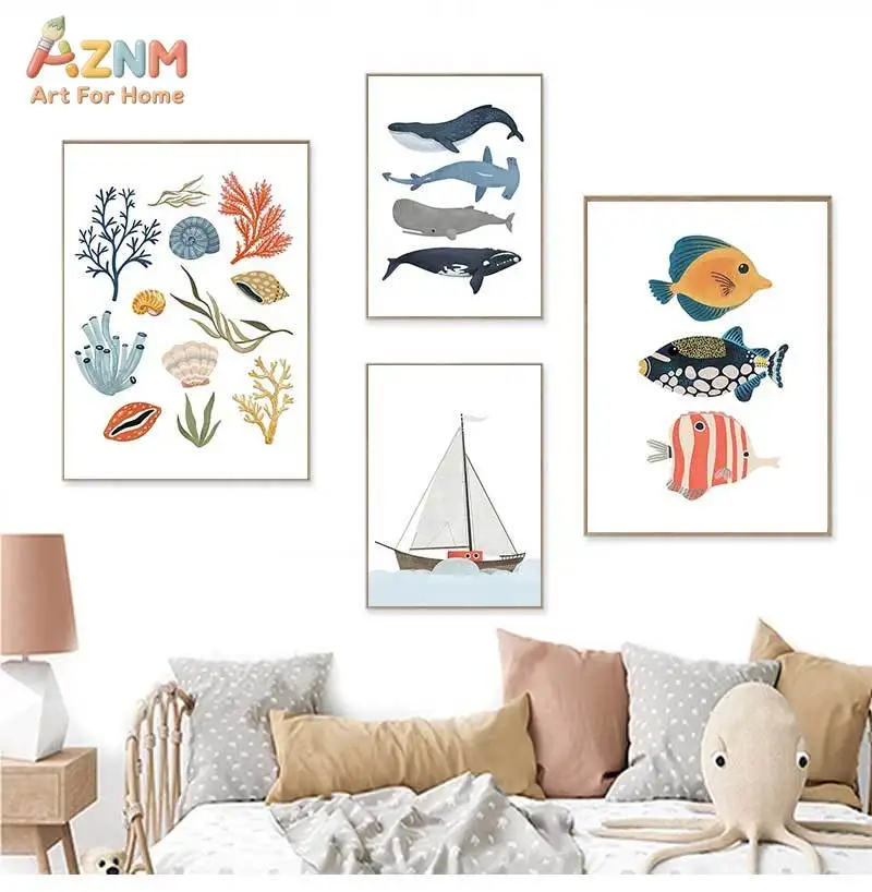AZNM Cartoon Ocean Animal Canvas Print Whale Tropical Fish Coral Shell Sailboat Sea Creature Kids Nursery Minimalist Unframed Wa
