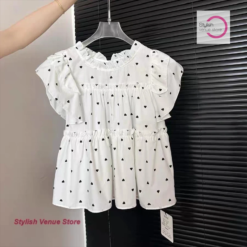 French flying sleeve sweet ins design polka-dot shirt women's summer new fashion plus size loose bubble sleeve slim top