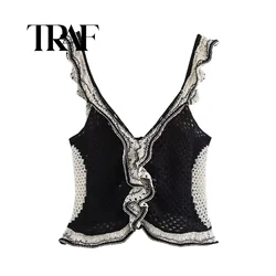 TRAF 2024 Women's Layered Embellished Jacquard Mesh Knit Top Fall Clothes Outerwears Vest Best Vests Knit Vest 3991/103