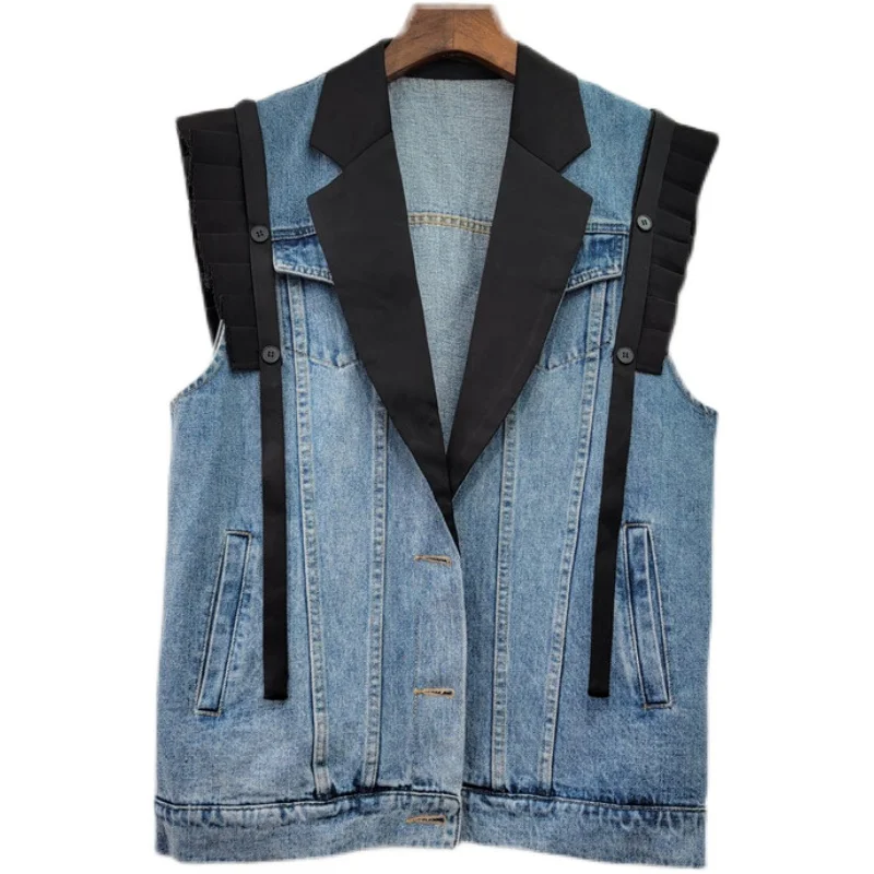 SuperAen European Style Suit Collar Patchwork Denim Jacket for Women Spring 2024 New Pleated Ruffled Loose Vest