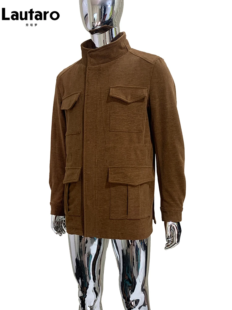 

Lautaro Autumn Brown Soft Corduroy Cargo Safari Jacket Men Stand Collar Elegant Chic Luxury Designer European Fashion Clothes