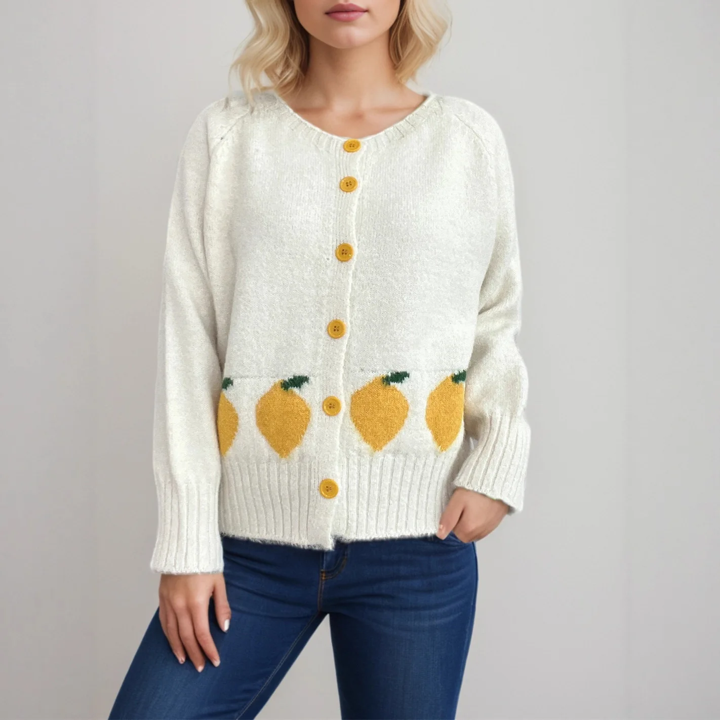 2025 가을 겨울 달콤한 신상 오렌지 니트 스웨터 라운드 넥 버튼 캐주얼 여성 가디건