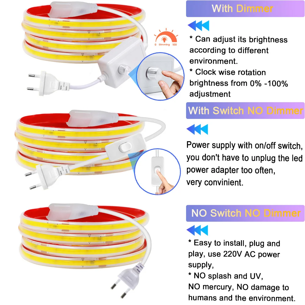 Dimmable COB LED Strip Light 220V Dimmer Switch Power Kit 5m 10m 20m 50m 100m 0.5m 240LED/m Flex Adhesive Tape RA90 Led Lighting